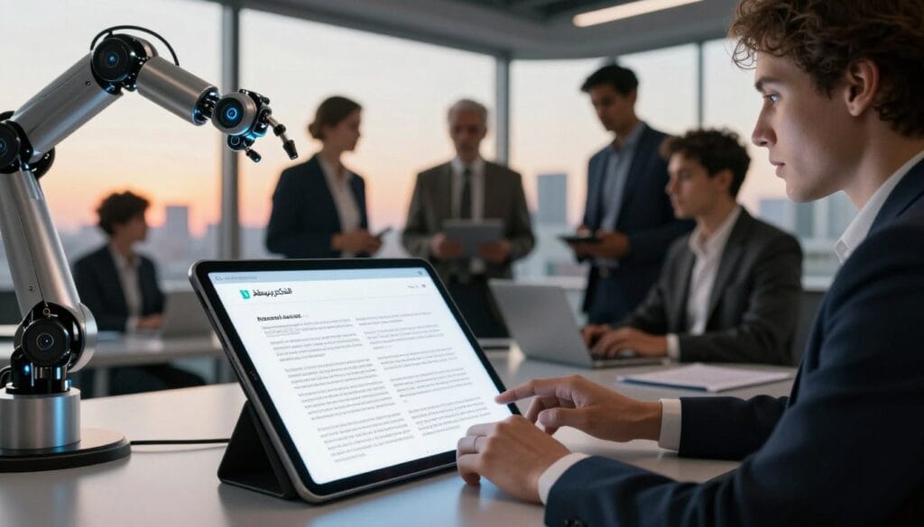 A futuristic workspace showcasing the concept of artificial intelligence in article writing. In the foreground, a sleek digital tablet displays a beautifully formatted article, emphasizing the role of AI. A robotic arm assists in typing, its metallic structure reflecting soft ambient light. In the middle ground, a diverse group of professionals in smart business attire observe the screen, engaged in discussion, illustrating collaboration between humans and AI. The background features large windows with a view of a modern city skyline bathed in warm sunset hues, creating an inspiring and optimistic atmosphere. The image embodies the harmony of technology and creativity, with a subtle branding of "الذكاء ببساطة" integrated into the design. The lighting should focus on the tablet and the faces of the individuals to emphasize their expressions.