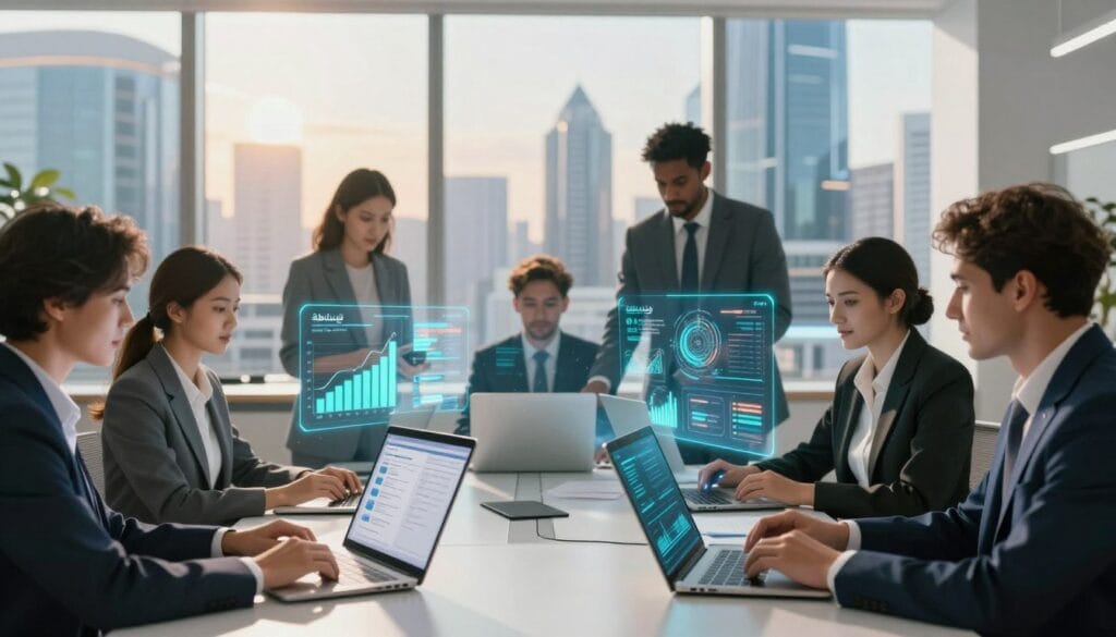 A modern and dynamic workspace illustrating the integration of artificial intelligence tools. In the foreground, a diverse group of professionals in business attire collaborate around a sleek table, engaging with various digital devices displaying AI applications. The middle ground features holographic interfaces showcasing graphs, data analytics, and AI-driven insights, glowing softly to indicate advanced technology. In the background, a large window reveals a futuristic cityscape bathed in warm daylight, symbolizing innovation and progress. The overall mood is one of collaboration, creativity, and forward-thinking, with a subtle palette of blues and greens. The brand name "الذكاء ببساطة" subtly integrated into the digital interfaces, enhancing the theme of simplicity in AI. The lighting is bright yet warm, emphasizing a welcoming atmosphere.