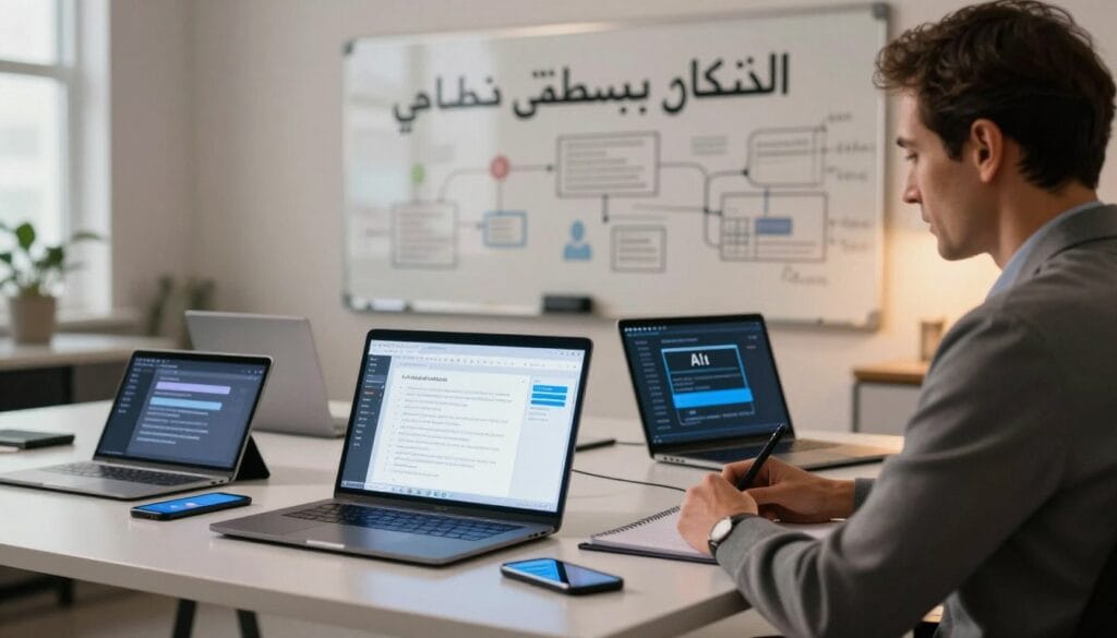 A modern office setting showcasing the theme of "تحسين الكتابة بالذكاء الاصطناعي". In the foreground, a professional-looking person in business attire is seated at a sleek desk with a laptop open, displaying a glowing screen filled with text and AI writing tools. The person, a middle-aged individual, appears focused and inspired, embodying the essence of a smart content creator. In the middle ground, an array of digital devices such as tablets and smartphones is scattered, symbolizing innovation in content writing. The background features a large whiteboard with creative ideas and flowcharts, illuminated by soft, warm lighting that creates an inviting atmosphere. The mood is one of productivity and creativity, reflecting the brand name "الذكاء ببساطة". The angle captures the vibrant details of the workspace, immersing viewers in the realm of artificial intelligence in writing.
