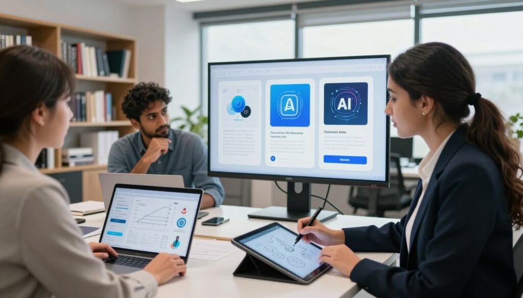 A modern workspace featuring a diverse group of professionals brainstorming and collaborating on digital product ideas using artificial intelligence. In the foreground, show a young Arab woman in professional business attire, actively sketching ideas on a digital tablet. Beside her, a thoughtful South Asian man reviews data analytics on a laptop. In the middle, a large screen displays visuals of AI-generated digital products like e-books and online courses. The background includes bookshelves filled with tech and design books, along with a bright, modern office environment bathed in natural light from large windows. The atmosphere is innovative and dynamic, emphasizing creativity and collaboration in the digital age, captured from an eye-level angle for a focus on interaction.