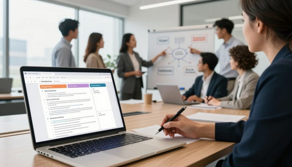 A professional setting illustrating the steps to write a comprehensive article using artificial intelligence. In the foreground, a sleek laptop is open, displaying a well-structured document outline, with colorful tabs representing different sections like Introduction, Body, and Conclusion. In the middle ground, a diverse group of professionals, dressed in smart business attire, is engaged in a brainstorming session, pointing at a whiteboard filled with keywords and diagrams related to AI writing processes. The background features a bright, modern office space with large windows that let in natural light, creating an inspiring atmosphere. The scene conveys a sense of collaboration and innovation, with a warm color palette to enhance engagement. The brand name "الذكاء ببساطة" appears prominently in the workspace.