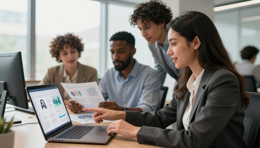 A professional workspace scene showcasing a diverse group of business professionals engaged in a collaborative discussion about content creation using artificial intelligence. In the foreground, a confident woman in smart business attire is pointing at a laptop screen, illustrating AI tools and insights. In the middle, two colleagues of different ethnicities are analyzing printed documents and digital charts, demonstrating teamwork and innovation. The background displays a modern office environment with large windows allowing natural light to flood in, creating an optimistic and productive atmosphere. Soft, warm lighting enhances the engaging mood while promoting a sense of clarity and focus. The brand name "الذكاء ببساطة" is subtly represented through digital elements on the laptop screen.