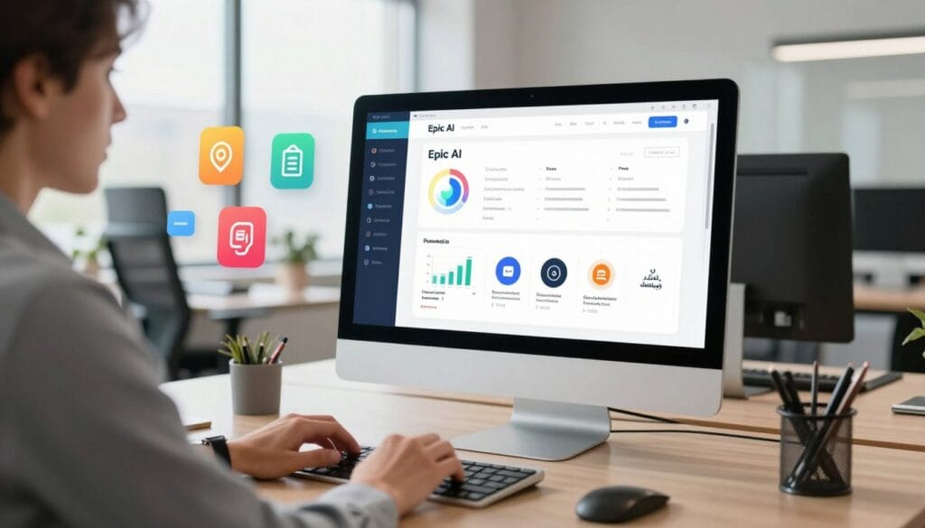 A sleek and modern workspace featuring a computer screen displaying the “Epic AI” platform interface, emphasizing its user-friendly design and engaging features. In the foreground, a person in professional business attire, actively interacting with the platform, exuding focus and creativity. The middle ground includes vibrant icons and graphs representing the free features of the platform, subtly overlaying the workspace. The background showcases a well-lit office environment with large windows allowing natural light to flood the space, creating a bright and inviting atmosphere. The image conveys a mood of inspiration and innovation, symbolizing the ease of AI-driven content creation. Prominently display the brand name “الذكاء ببساطة” in an elegant style, integrated into the workspace design.