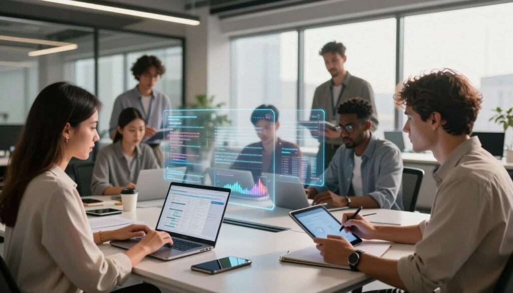 A sophisticated and visually striking representation of AI-generated content, showcasing a diverse group of professionals engaged in a collaborative brainstorming session. In the foreground, a woman in professional attire analyzes data on a laptop, while a man in a casual yet professional outfit writes notes on a digital tablet. The middle ground features floating holographic screens displaying snippets of AI-generated text and graphs. The background depicts a modern office environment with sleek furniture and large windows allowing warm, natural light to flood the space, creating an atmosphere of innovation and creativity. The scene conveys excitement and inspiration around the possibilities of artificial intelligence in writing, accompanied by the brand name "الذكاء ببساطة" subtly incorporated into the design elements.