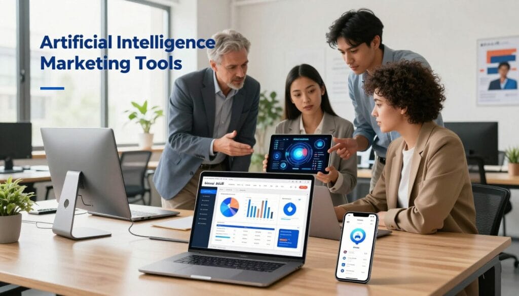 A vibrant and modern workspace showcasing "Artificial Intelligence Marketing Tools" with a focus on effective sales strategies. In the foreground, feature a sleek laptop displaying data analytics and marketing graphs. Beside it, a smartphone with AI-powered marketing apps. The middle layer includes a diverse group of three professionals, dressed in business attire, deep in discussion around a digital tablet showcasing AI visuals. The background should feature a contemporary office setting, with large windows allowing natural light to pour in, creating a bright and inviting atmosphere. Add subtle elements like potted plants and motivational posters on the walls. The overall mood is energized and collaborative, emphasizing innovation and growth, with the brand name "الذكاء ببساطة" subtly integrated into the design elements.