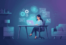 إزاي تشتغل فريلانس AI وتكسب من البيت؟ | دليل شامل خطوة بخطوة 2026 7 Alt Text: Illustration of AI freelance jobs for beginners in a futuristic home office