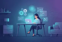 Alt Text: Illustration of AI freelance jobs for beginners in a futuristic home office