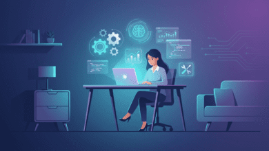 Alt Text: Illustration of AI freelance jobs for beginners in a futuristic home office