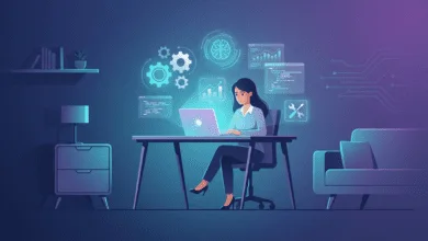 Alt Text: Illustration of AI freelance jobs for beginners in a futuristic home office