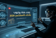 رجل يرتدي نظارة واقع معزز ويتفاعل مع شاشة مستقبلية تعرض واجهة ' إنشاء قناة يوتيوب باستخدام الذكاء الاصطناعي بالكامل ' وشعار 'الذكاء ببساطة' على المكتب.