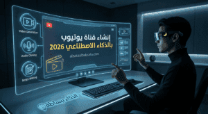 رجل يرتدي نظارة واقع معزز ويتفاعل مع شاشة مستقبلية تعرض واجهة ' إنشاء قناة يوتيوب باستخدام الذكاء الاصطناعي بالكامل ' وشعار 'الذكاء ببساطة' على المكتب.