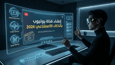 رجل يرتدي نظارة واقع معزز ويتفاعل مع شاشة مستقبلية تعرض واجهة ' إنشاء قناة يوتيوب باستخدام الذكاء الاصطناعي بالكامل ' وشعار 'الذكاء ببساطة' على المكتب.