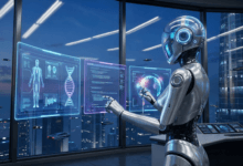 روبوت يتفاعل مع شاشات عرض ويبين آخر أخبار الذكاء الاصطناعي