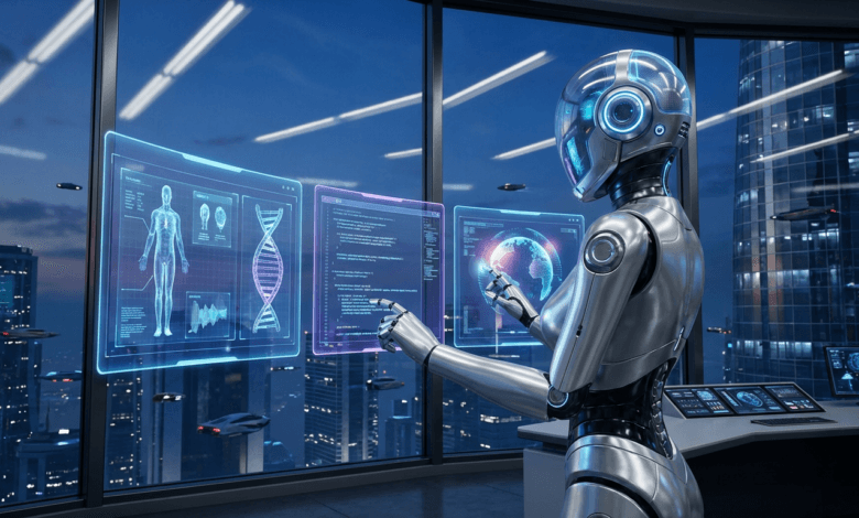 روبوت يتفاعل مع شاشات عرض ويبين آخر أخبار الذكاء الاصطناعي