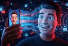 كاريكاتير تشات جي بي تي رسم تعبيري يوضح شخصاً يستخدم فلتر كاريكاتير الذكاء الاصطناعي على هاتفه، مع خيوط رقمية تحيط بوجهه لتمثيل عملية سحب البيانات الشخصية والمخاطر الأمنية