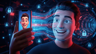 كاريكاتير تشات جي بي تي رسم تعبيري يوضح شخصاً يستخدم فلتر كاريكاتير الذكاء الاصطناعي على هاتفه، مع خيوط رقمية تحيط بوجهه لتمثيل عملية سحب البيانات الشخصية والمخاطر الأمنية