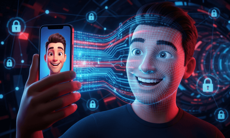 هوس كاريكاتير تشات جي بي تي - متعة لحظية أم فخ لسرقة هويتك البيومترية؟ 1 كاريكاتير تشات جي بي تي رسم تعبيري يوضح شخصاً يستخدم فلتر كاريكاتير الذكاء الاصطناعي على هاتفه، مع خيوط رقمية تحيط بوجهه لتمثيل عملية سحب البيانات الشخصية والمخاطر الأمنية