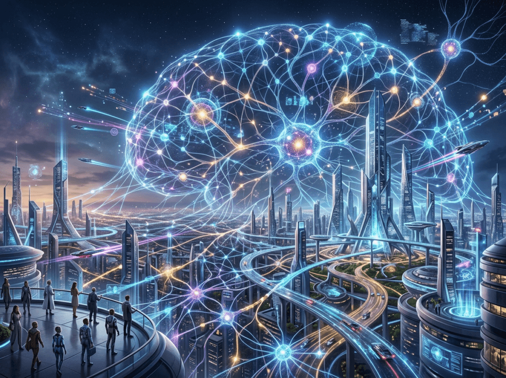 Futuristic city skyline with digital neural network connections overlay