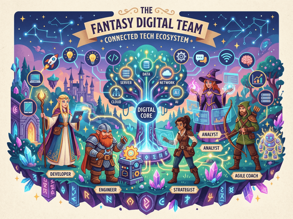 Fantasy characters labeled developer, engineer, strategist, analyst, and agile coach around a digital core tree