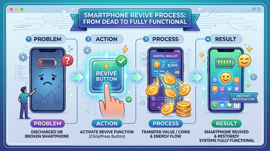 Infographic smartphone revive button coins flowing wallet