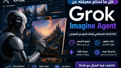 Grok Imagine Agent شرح أداة الذكاء الاصطناعي لتوليد الصور والفيديو 2026 روبوت يرسم لوحة رقمية بأسلوب سينمائي مستقبلي.