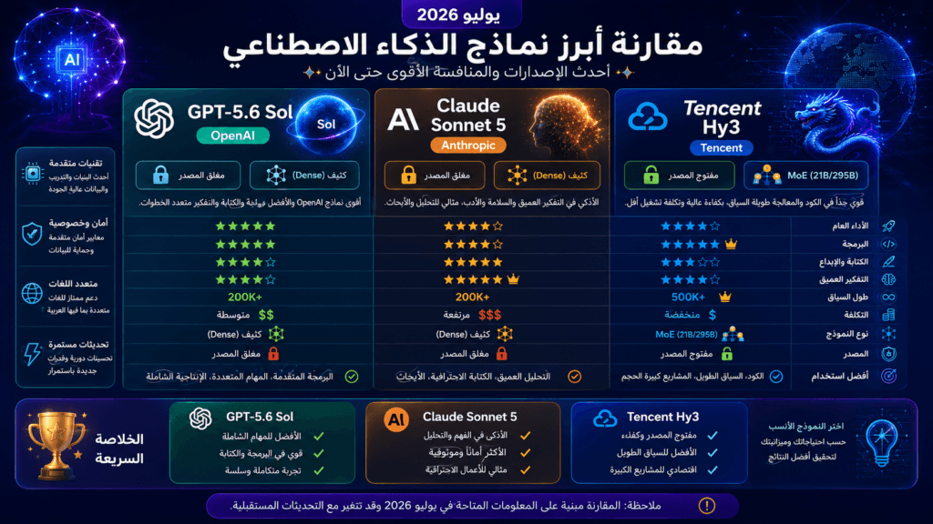 جدول مقارنة تقنية بين أبرز نماذج يوليو 2026: GPT-5.6 Sol و Claude Sonnet 5 و Tencent Hy3.