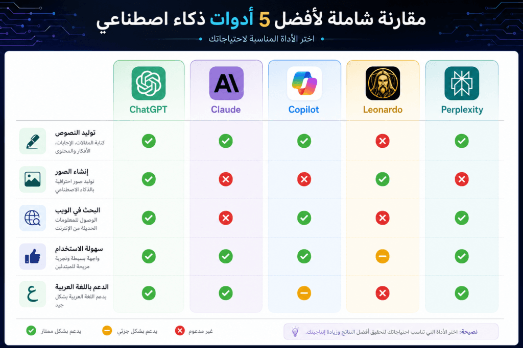إنفوجرافيك مقارنة شاملة بين أفضل أدوات الذكاء الاصطناعي المجانية