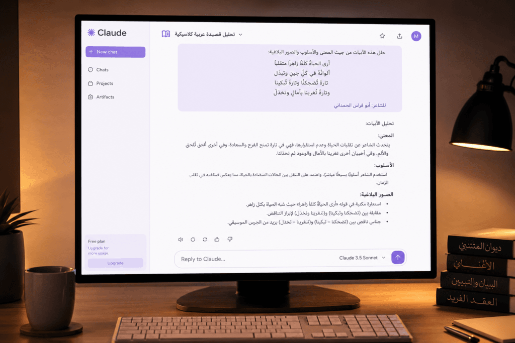 واجهة Claude AI لكتابة النصوص العربية بأسلوب طبيعي