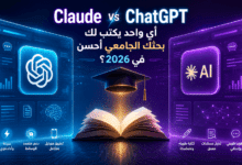مقارنة Claude vs ChatGPT للطلاب الجامعيين 2026 - واجهات AI هولوغرامية زرقاء وبنفسجية مع طاقية تخرج وكتاب أكاديمي