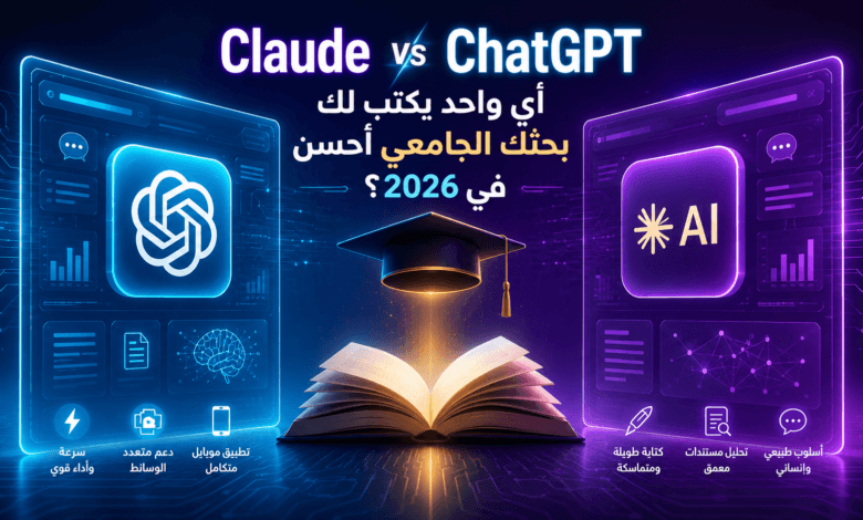 مقارنة Claude vs ChatGPT للطلاب الجامعيين 2026 - واجهات AI هولوغرامية زرقاء وبنفسجية مع طاقية تخرج وكتاب أكاديمي