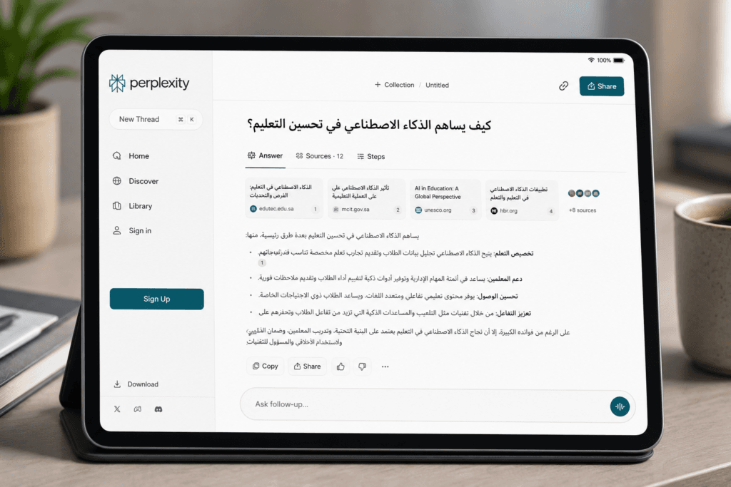 واجهة Perplexity AI للبحث الذكي مع ذكر المصادر