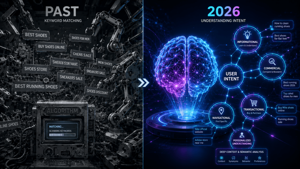 مستقبل البحث في مصر 2026 كيف تحولنا من الكلمات المفتاحية إلى نوايا المستخدم؟ 2 تطور خوارزميات جوجل من التركيز على الكلمات المفتاحية إلى فهم السياق ونية المستخدم.
