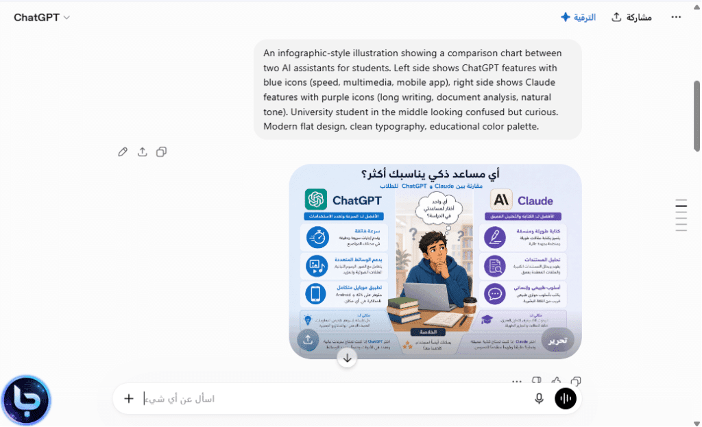(لقطة شاشة تظهر صورة فيها نص عربي تم توليده بشكل صحيح داخل ChatGPT)