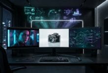 مساحة عمل مستقبلية لمصمم جرافيك تعرض واجهة مقسمة لثلاث مناطق تمثل Midjourney وChatGPT Images وStable Diffusion مع مخرجات بصرية فائقة الواقعية وإضاءة نيون هادئة