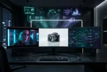 مساحة عمل مستقبلية لمصمم جرافيك تعرض واجهة مقسمة لثلاث مناطق تمثل Midjourney وChatGPT Images وStable Diffusion مع مخرجات بصرية فائقة الواقعية وإضاءة نيون هادئة