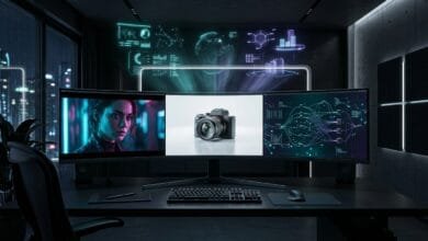 مساحة عمل مستقبلية لمصمم جرافيك تعرض واجهة مقسمة لثلاث مناطق تمثل Midjourney وChatGPT Images وStable Diffusion مع مخرجات بصرية فائقة الواقعية وإضاءة نيون هادئة