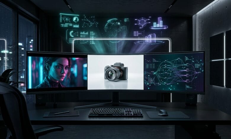 مساحة عمل مستقبلية لمصمم جرافيك تعرض واجهة مقسمة لثلاث مناطق تمثل Midjourney وChatGPT Images وStable Diffusion مع مخرجات بصرية فائقة الواقعية وإضاءة نيون هادئة