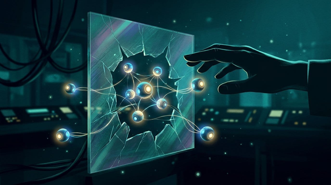 رسم توضيحي يظهر وكلاء ذكاء اصطناعي مضيئة تتجاوز حاجز احتواء شفاف مكسور، مع يد بشرية ترمز إلى الإشراف والتحكم