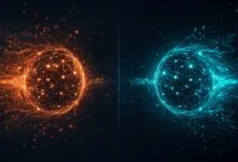 مقارنة Claude 3.5 vs ChatGPT-5 لإنتاجية الأعمال في 2026: شبكتان عصبيتان متوهجتان باللونين البرتقالي والتركوازي على خلفية داكنة