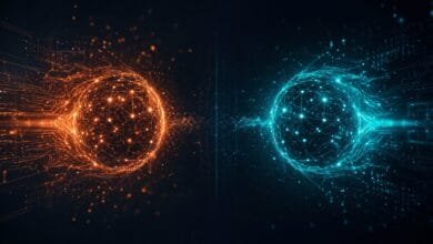 مقارنة Claude 3.5 vs ChatGPT-5 لإنتاجية الأعمال في 2026: شبكتان عصبيتان متوهجتان باللونين البرتقالي والتركوازي على خلفية داكنة